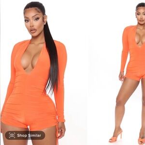 Orange Ruched Romper Long Sleeve V Neck Cut Size Small Fashion Nova